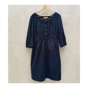 Vestido de segunda mano Boden de pana azul marino con lunares chartreuse, botones frontales y manga 3/4, talla 12