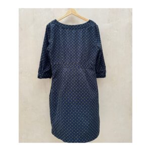 Vestido de segunda mano Boden de pana azul marino con lunares chartreuse, botones frontales y manga 3/4, talla 12