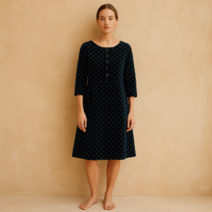 Vestido de segunda mano Boden de pana azul marino con lunares chartreuse, botones frontales y manga 3/4, talla 12