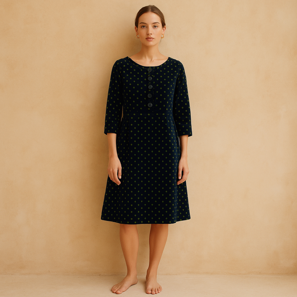 Vestido de segunda mano Boden de pana azul marino con lunares chartreuse, botones frontales y manga 3/4, talla 12