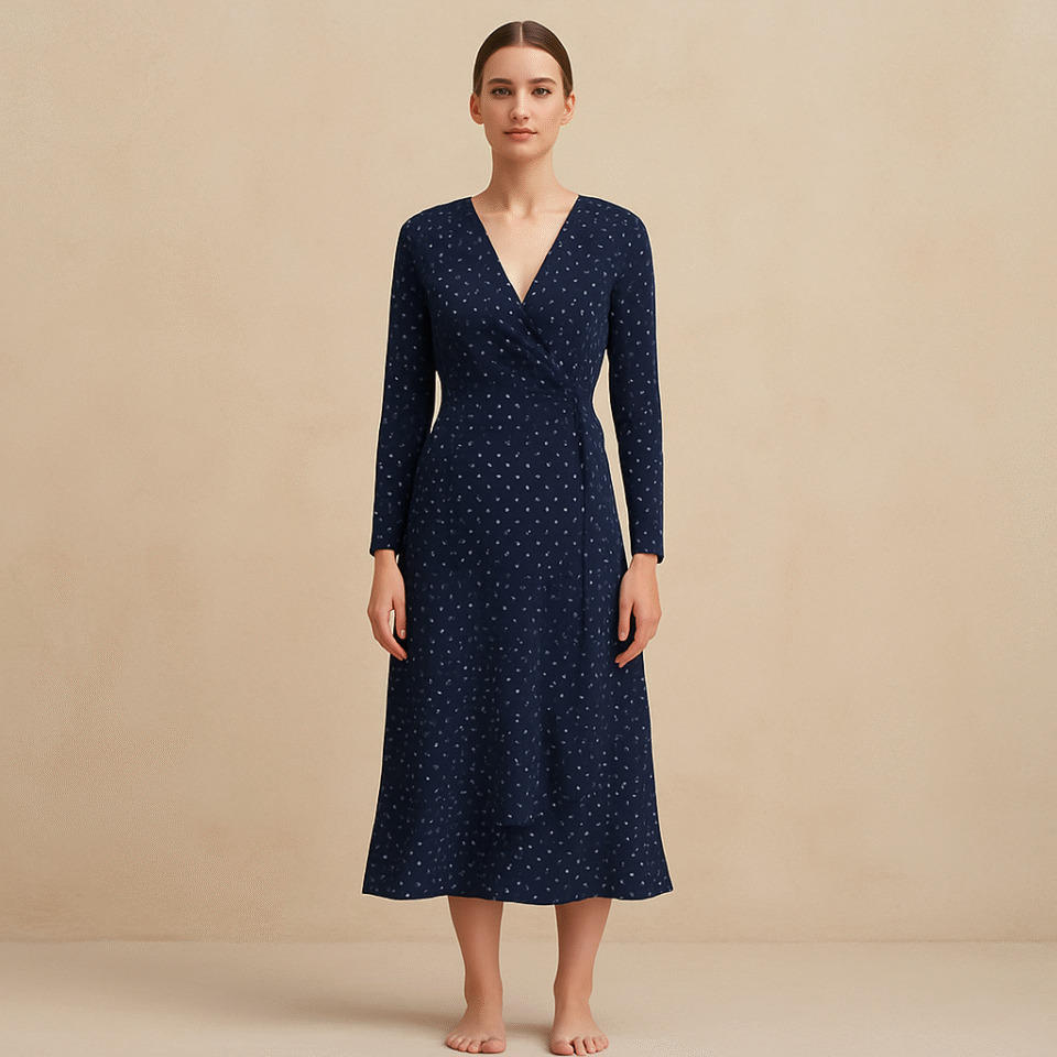 Vestido wrap azul marino con polka dots y cinturón. Estilo romántico frances. soft girl. Prenda preloved curada por Amelie