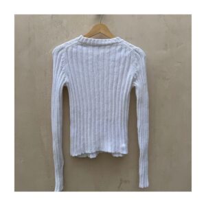 Pullover blanco de Vince de segunda mano, estilo Mock Neck en algodón italiano, talla S, punto acanalado ceñido con silueta minimalista.