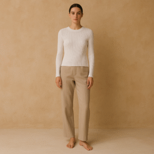 Pullover blanco de Vince de segunda mano, estilo Mock Neck en algodón italiano, talla S, punto acanalado ceñido con silueta minimalista.