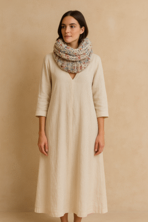 Bufanda infinita de Loft. En punto acanalado con explosión multicolor controlada. Aesthetic soft winter que fusiona arte abstracto y confort urbano.