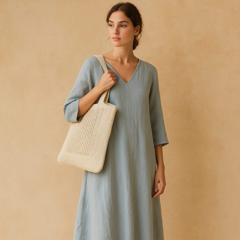 Bolso tejido en marfil con calados artesanales. Ideal para resort, playa y verano