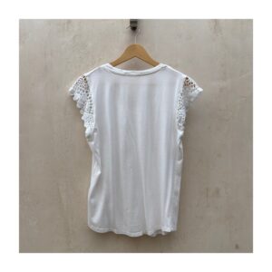 Blusa blanca C&C California con mangas de crochet, ideal para paseos costeros, talla S y mexcla de algodón. estilo coastal grandama
