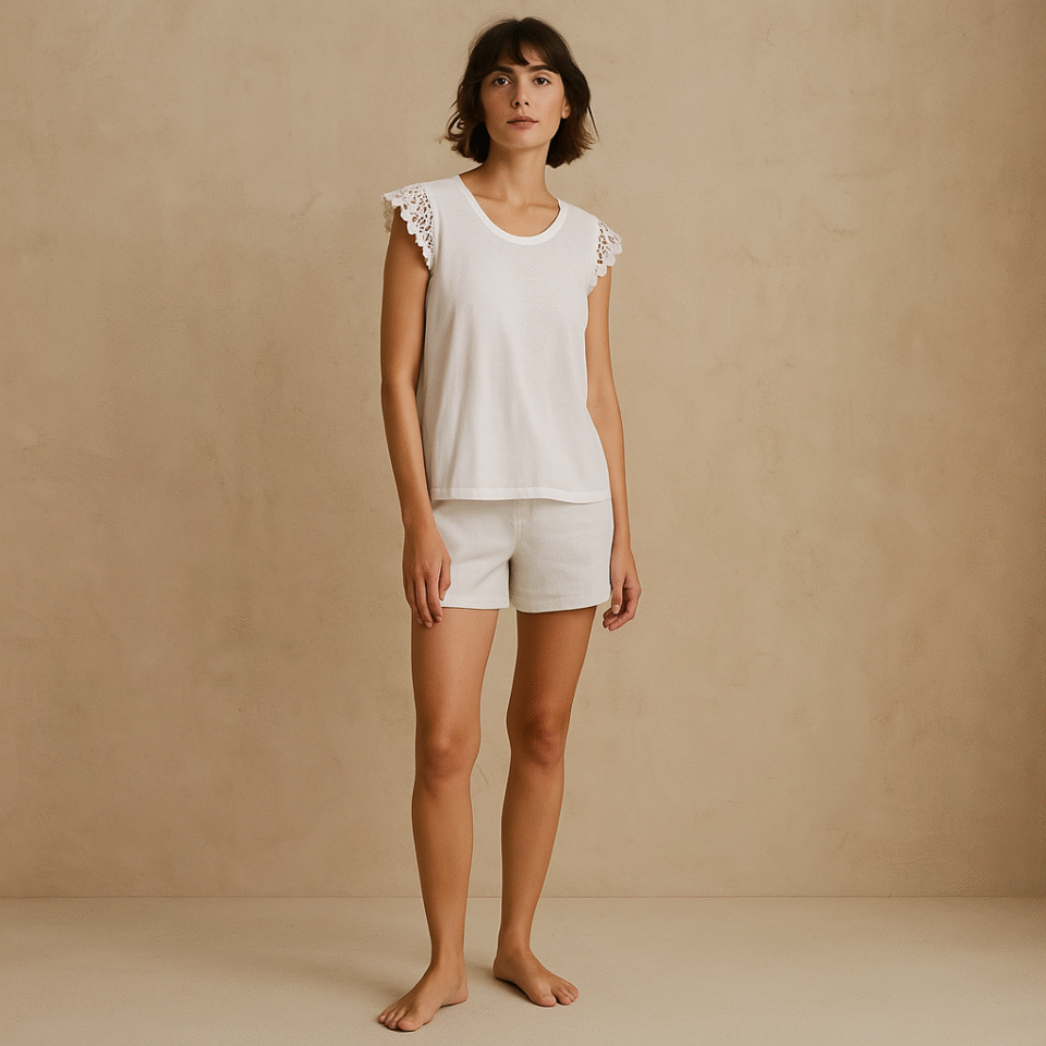 Blusa blanca C&C California con mangas de crochet, ideal para paseos costeros, talla S y mexcla de algodón. estilo coastal grandama
