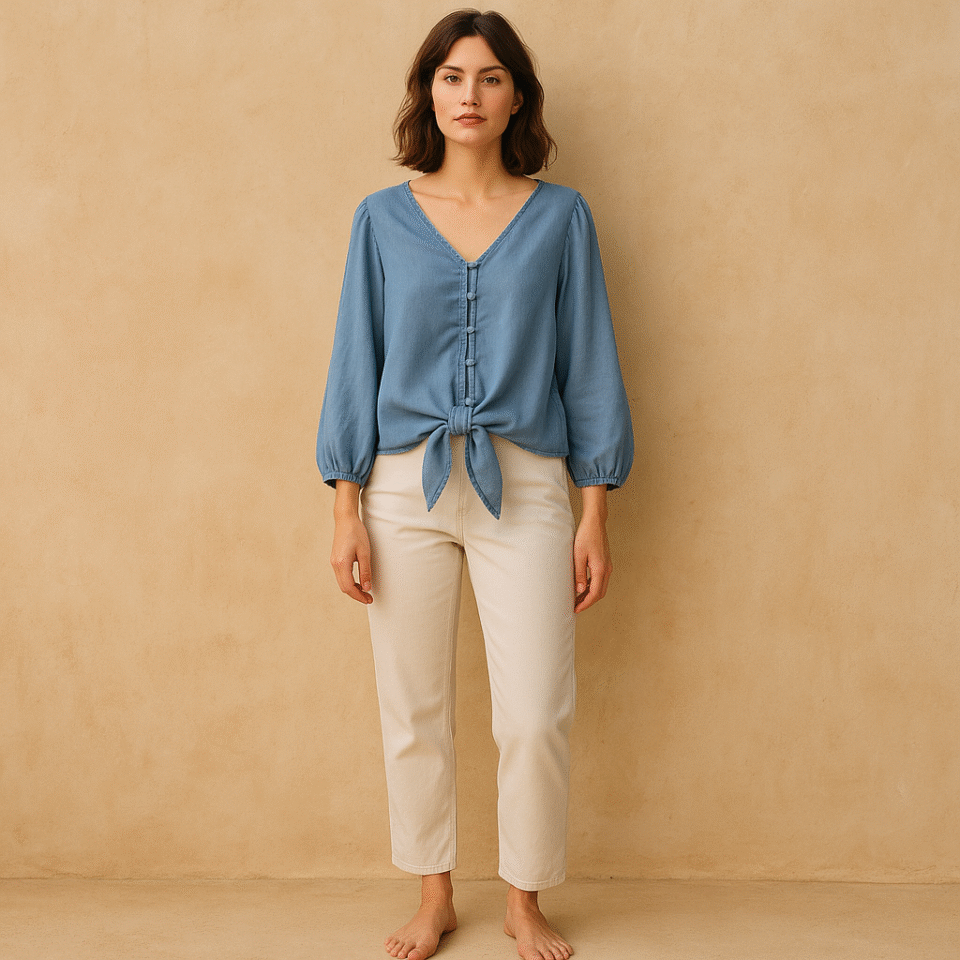 Blusa Lyocell azul LOFT en azul chambray y talla M. Estilo mediterráneo