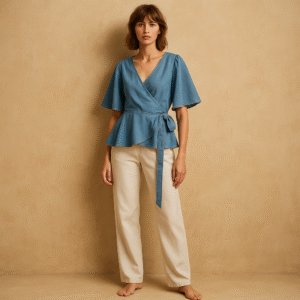 Blusa cruzada Lyocell azul chambray con mangas mariposa, talla XS estilo coquette