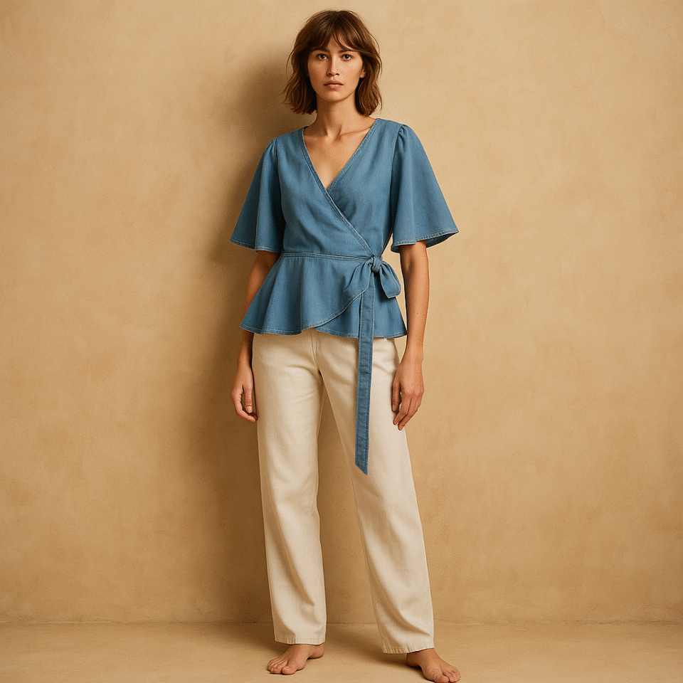 Blusa cruzada Lyocell azul chambray con mangas mariposa, talla XS estilo coquette