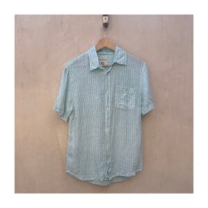 Camisa lino rayas verdes marca Panama Jack, talla S . Hecho en India y estilo Coastal Grandma.