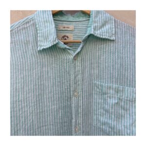 Camisa lino rayas verdes marca Panama Jack, talla S . Hecho en India y estilo Coastal Grandma.