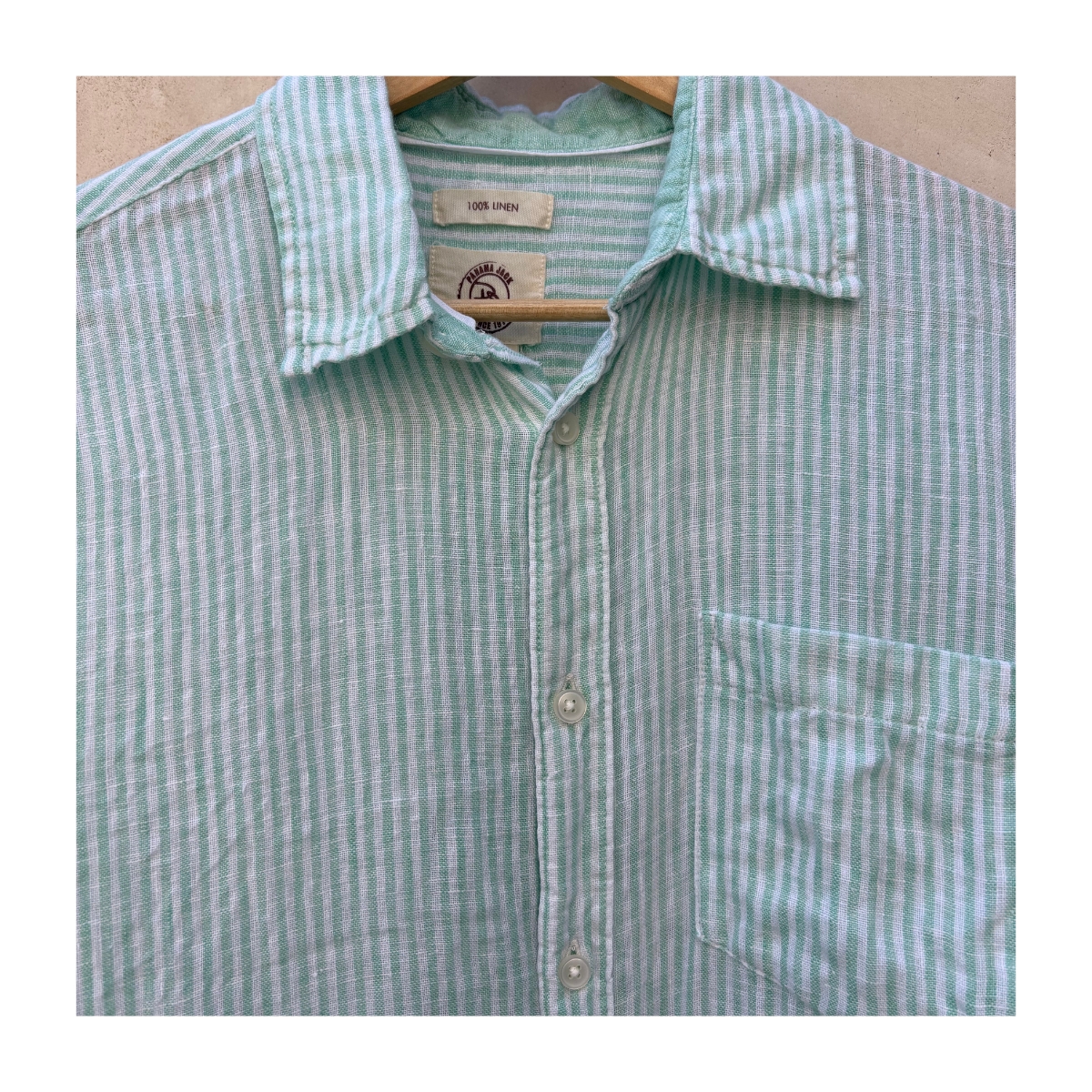 Camisa lino rayas verdes marca Panama Jack, talla S . Hecho en India y estilo Coastal Grandma.