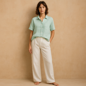 Camisa lino rayas verdes marca Panama Jack, talla S . Hecho en India y estilo Coastal Grandma.