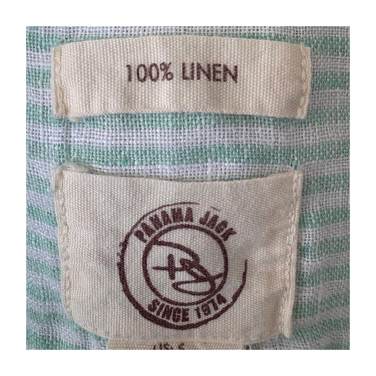 Camisa lino rayas verdes marca Panama Jack, talla S . Hecho en India y estilo Coastal Grandma.