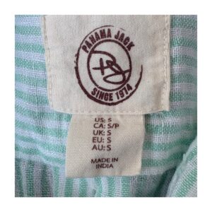 Camisa lino rayas verdes marca Panama Jack, talla S . Hecho en India y estilo Coastal Grandma.