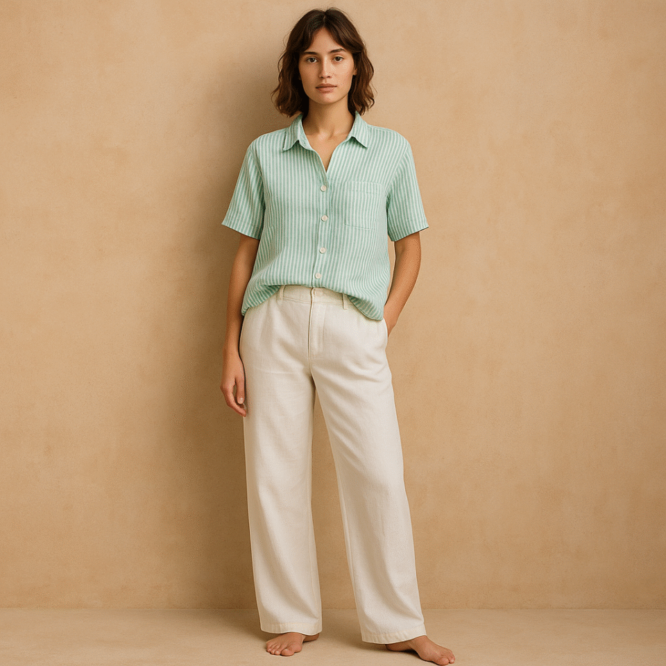 Camisa lino rayas verdes marca Panama Jack, talla S . Hecho en India y estilo Coastal Grandma.