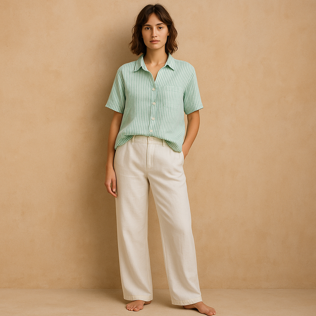 Camisa lino rayas verdes marca Panama Jack, talla S . Hecho en India y estilo Coastal Grandma.