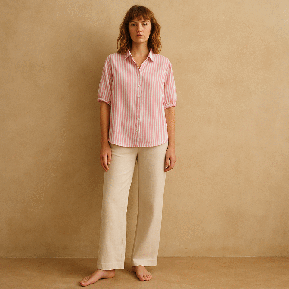 Camisa rayas en rosa y blanca con mezcla de lyocell en talla M, estilo cottagecore