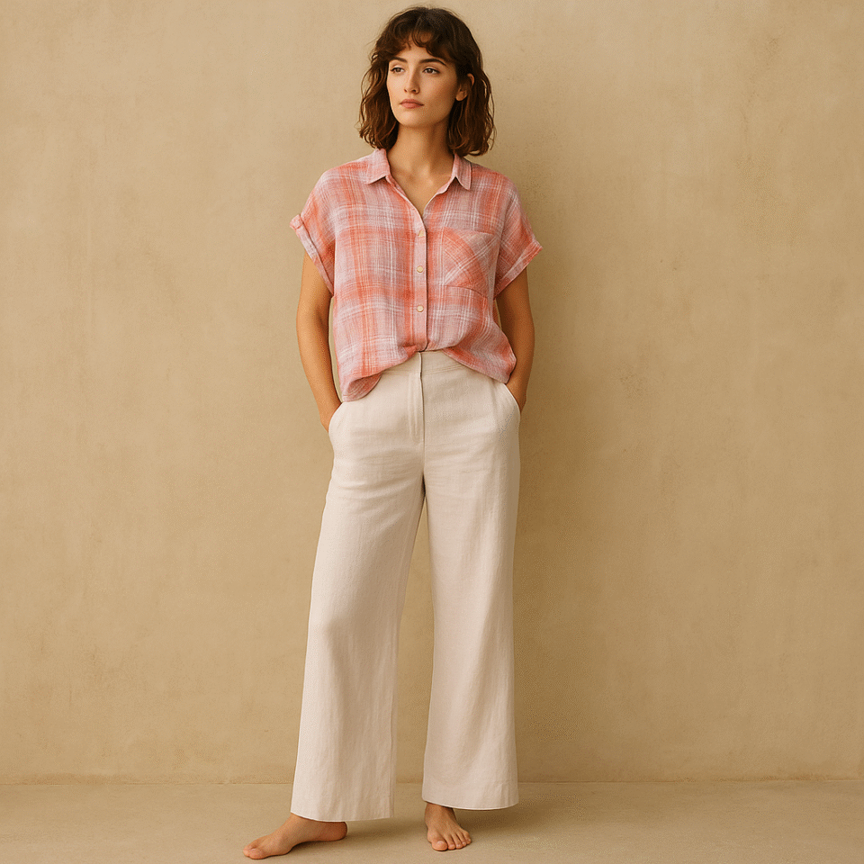 Camisa Cloth & Stone en tones coral, lavanda y crema. Talla S Estilo prairie