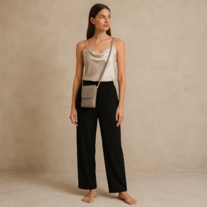 Crossbody Phone Wallet Evelyn en piel vegana de Bostanten. color gris topo. look urbano