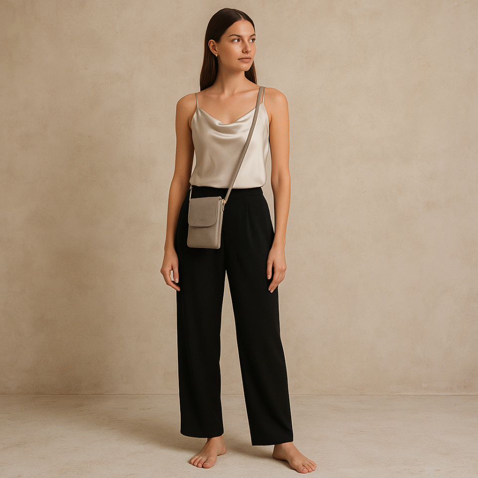 Crossbody Phone Wallet Evelyn en piel vegana de Bostanten. color gris topo. look urbano