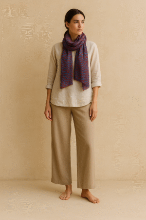 Foulard geométrico art déco en coral y azul celeste. Estilo Lagenlook