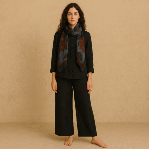 Foulard de lana japonesa. Estilo dark academia y dibujo botánico