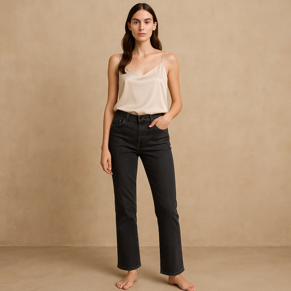 Jeans denim negro Chico's de su línea platinum en textura vintage wash y talla 00