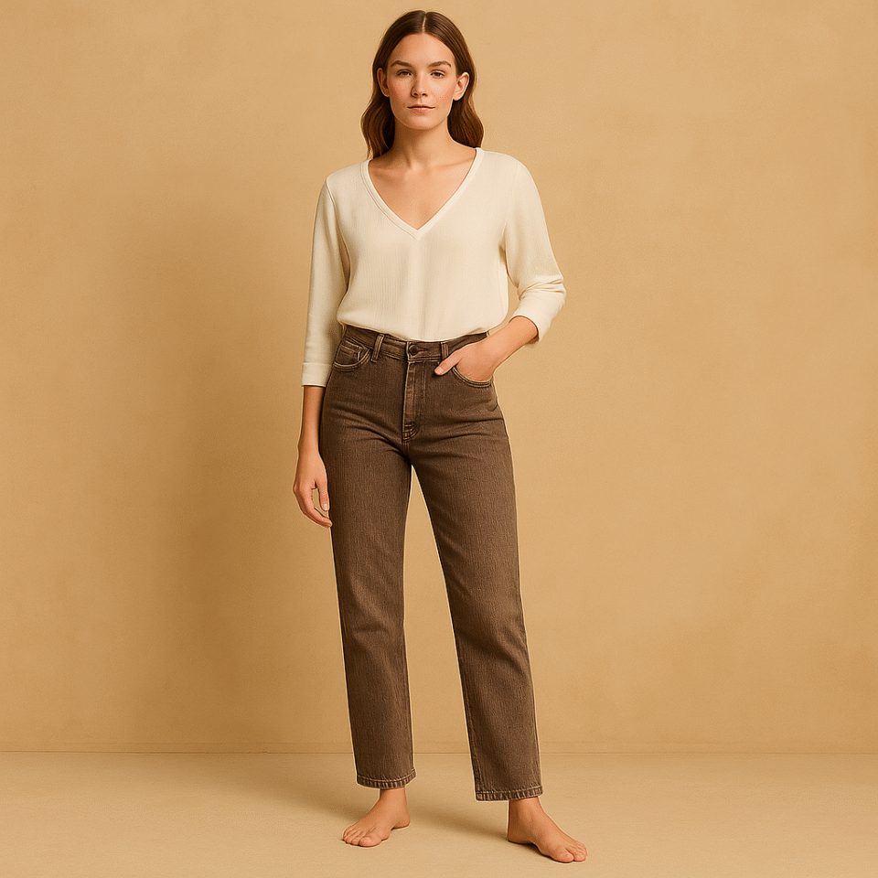 Denim Platinum chocolate glacé, marca Chico's mid rise y corte recto en talla 0