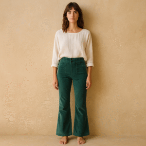 Jayde Cord Flare Pants: el clásico setentero de Free People en pana verde esmeralda. Cintura alta con botones vintage y corte flare dramático.. Estilo boho chic