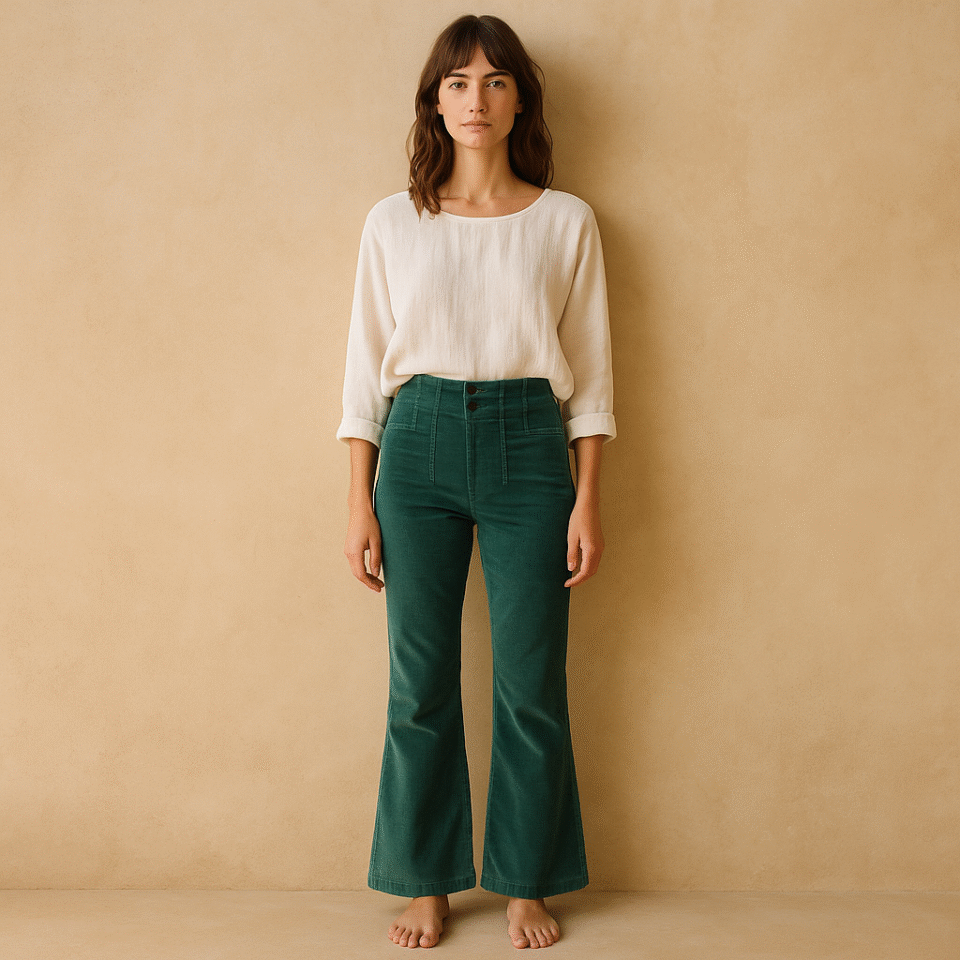 Jayde Cord Flare Pants: el clásico setentero de Free People en pana verde esmeralda. Cintura alta con botones vintage y corte flare dramático.. Estilo boho chic