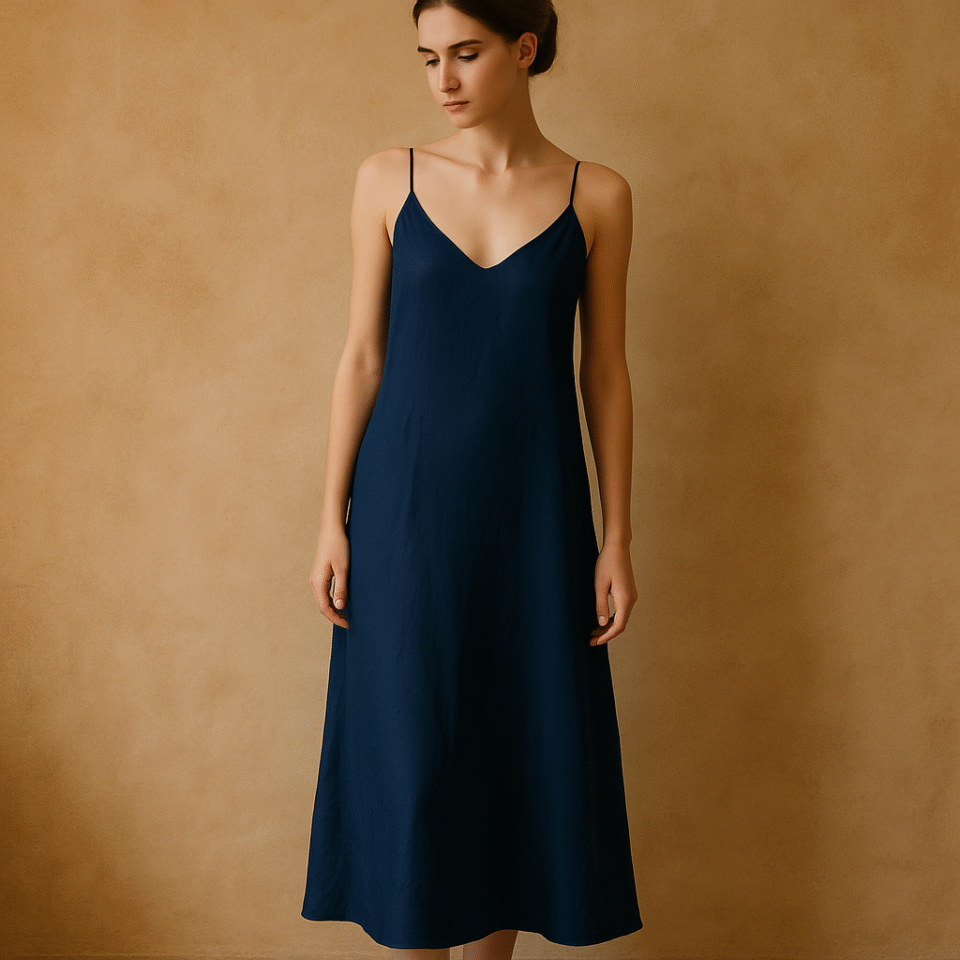 slip dress seda azul profundo con tirantes finos, vestido minimalista ideal para guardarropa cápsula, talla 8 y marca Madewell